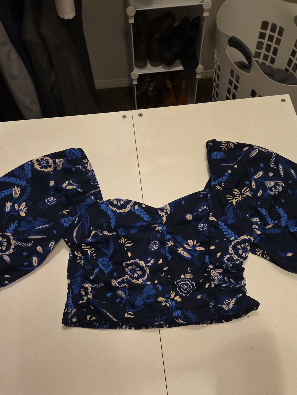 Sienna Sky Navy Blue Floral Puff-Sleeve Crop Top